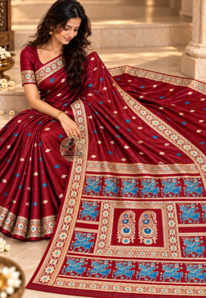 Rear view of maroon Baluchari silk saree with the horse-and-rider pallu draped over the shoulder