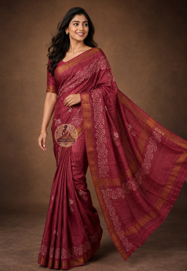 Front view of Ghicha Tussar Silk Saree in natural earthy tone, handwoven with traditional slub texture, draped in classic Nivi style — perfect for Durga Puja and festive occasions