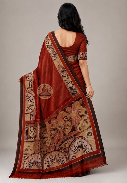 Rear view of handwoven Bishnupur Katan Silk Saree revealing the full pallu with hand-woven heritage motifs drawn from Bishnupur's terracotta temple tradition, woven for moments that last a lifetime