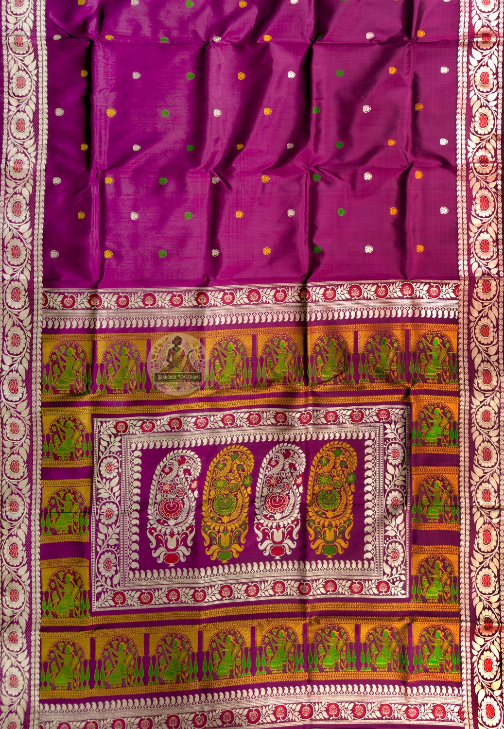 Rear view of premium handwoven Baluchari Silk Saree revealing the full pallu with Mahabharata and Ramayana figures woven thread by thread with devotion and patience by a master weaver in Bishnupur Bengal