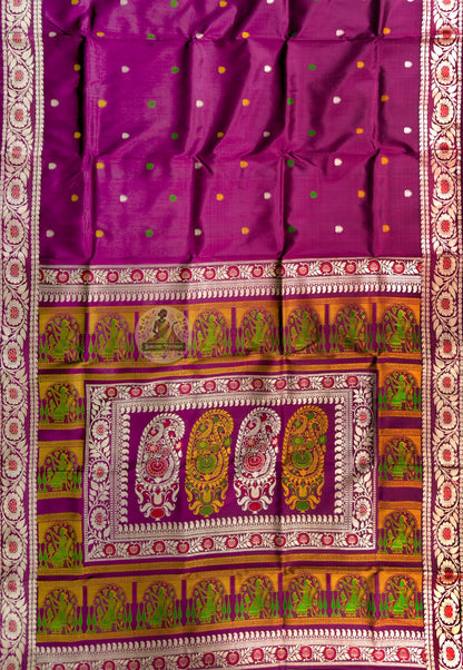 Rear view of premium handwoven Baluchari Silk Saree revealing the full pallu with Mahabharata and Ramayana figures woven thread by thread with devotion and patience by a master weaver in Bishnupur Bengal