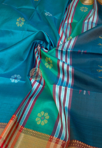 Full flat-lay of Bishnupur Pure Katan Silk Saree with matching blouse piece handloom Ashtami 2026 collection Bengal