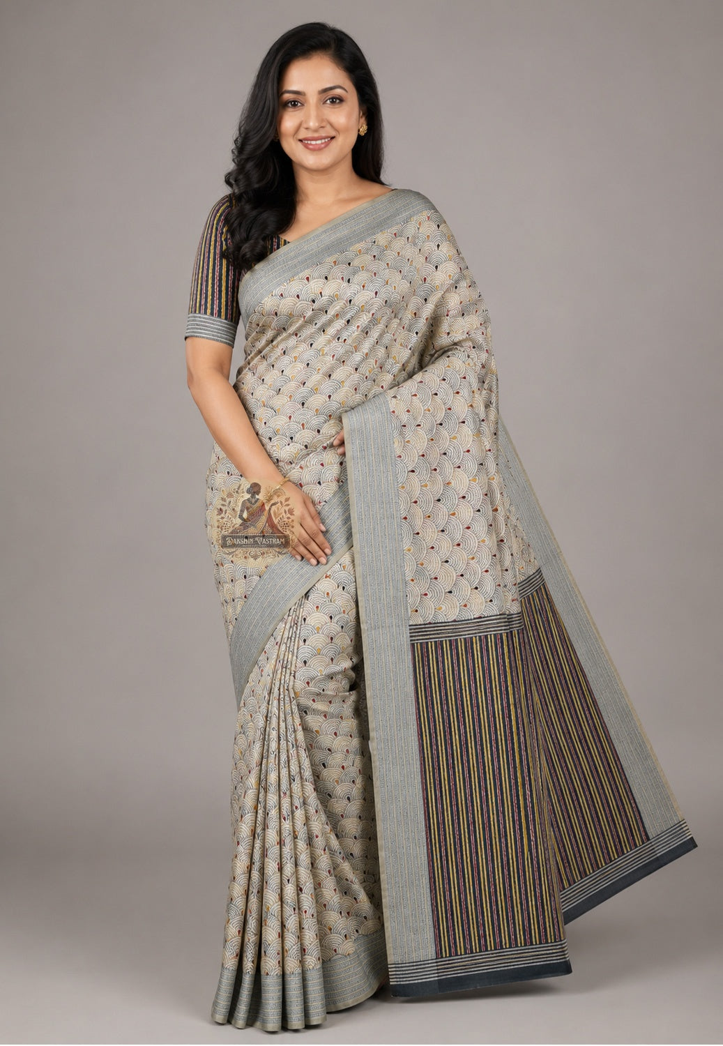 Front view of Bishnupur Kantha stitch silk saree with Bengal heritage motifs draped in classic Nivi style