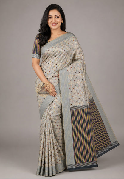 Front view of Bishnupur Kantha stitch silk saree with Bengal heritage motifs draped in classic Nivi style