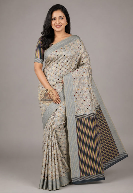 Front view of Bishnupur Kantha stitch silk saree with Bengal heritage motifs draped in classic Nivi style