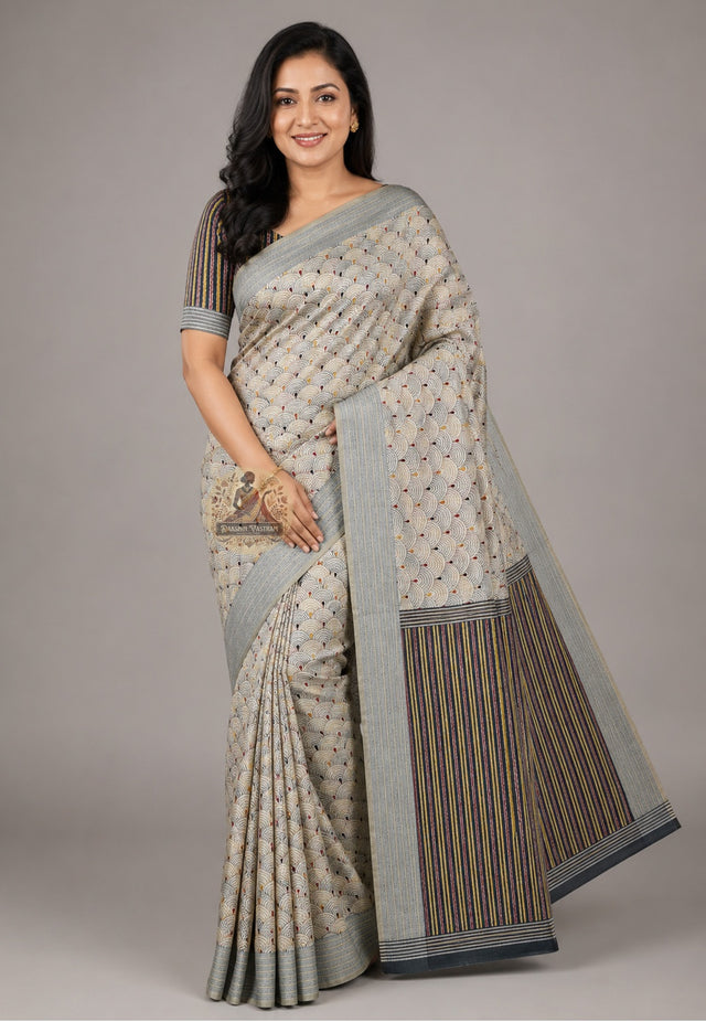 Front view of Bishnupur Kantha stitch silk saree with Bengal heritage motifs draped in classic Nivi style