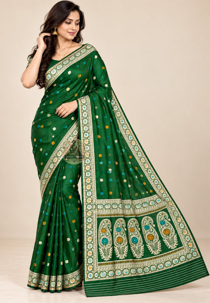 Front view of Bishnupur Baluchari silk connoisseur's saree showing pure silk body with dense narrative buti motifs and border figures woven directly in Bishnupur handloom tradition