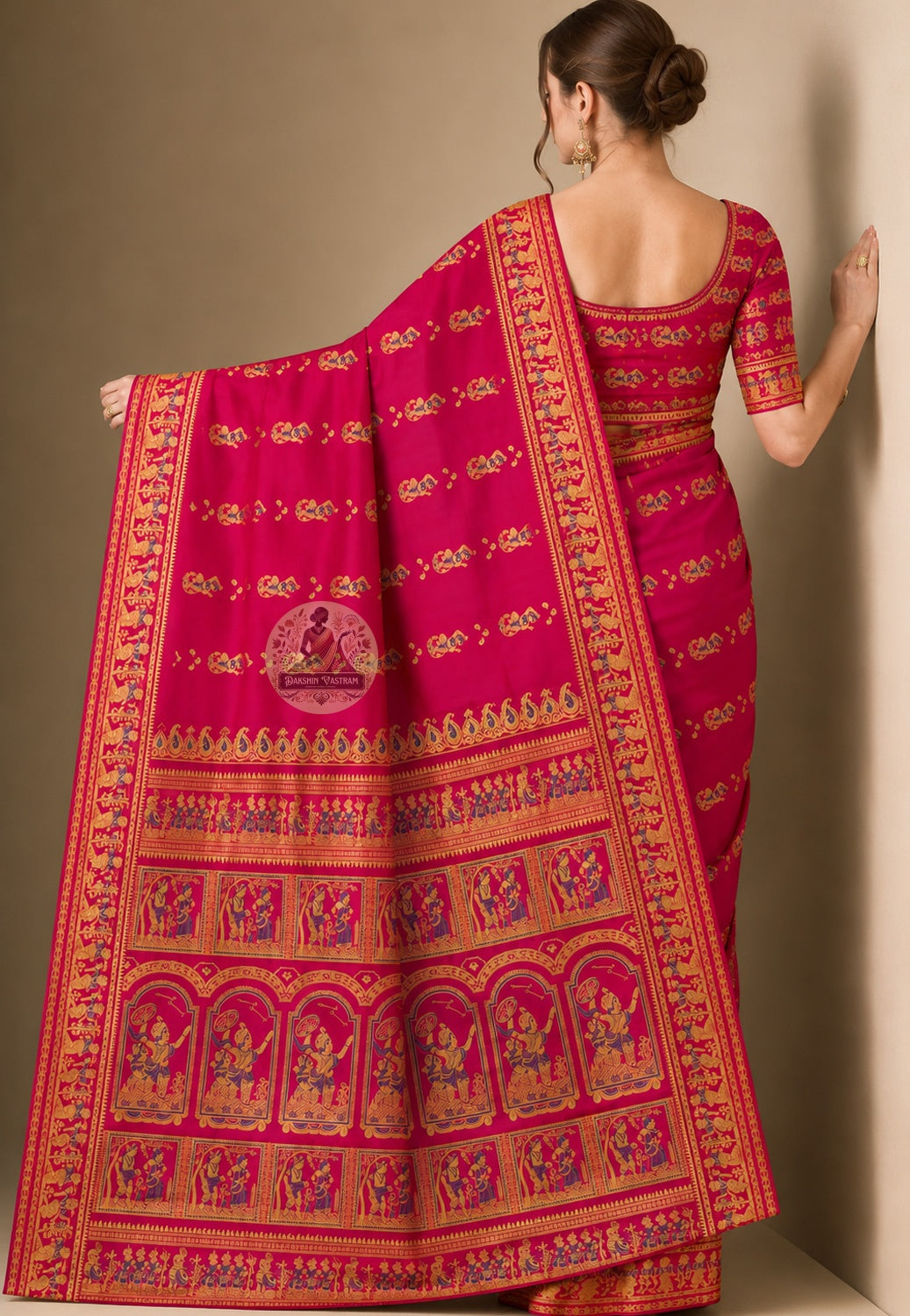 Front view of woman wearing Baluchari Silk Saree with antique gold jewellery, Karva Chauth gifting occasion
