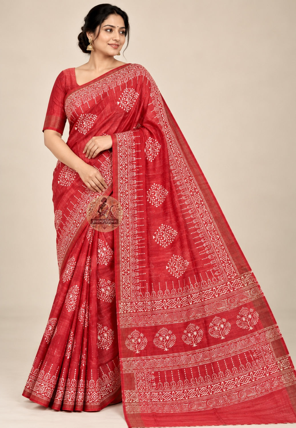 Front view of red Ghicha Tussar silk saree with pale floral clusters and diamond-patterned borders
