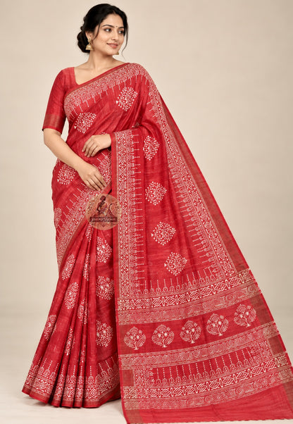 Front view of red Ghicha Tussar silk saree with pale floral clusters and diamond-patterned borders