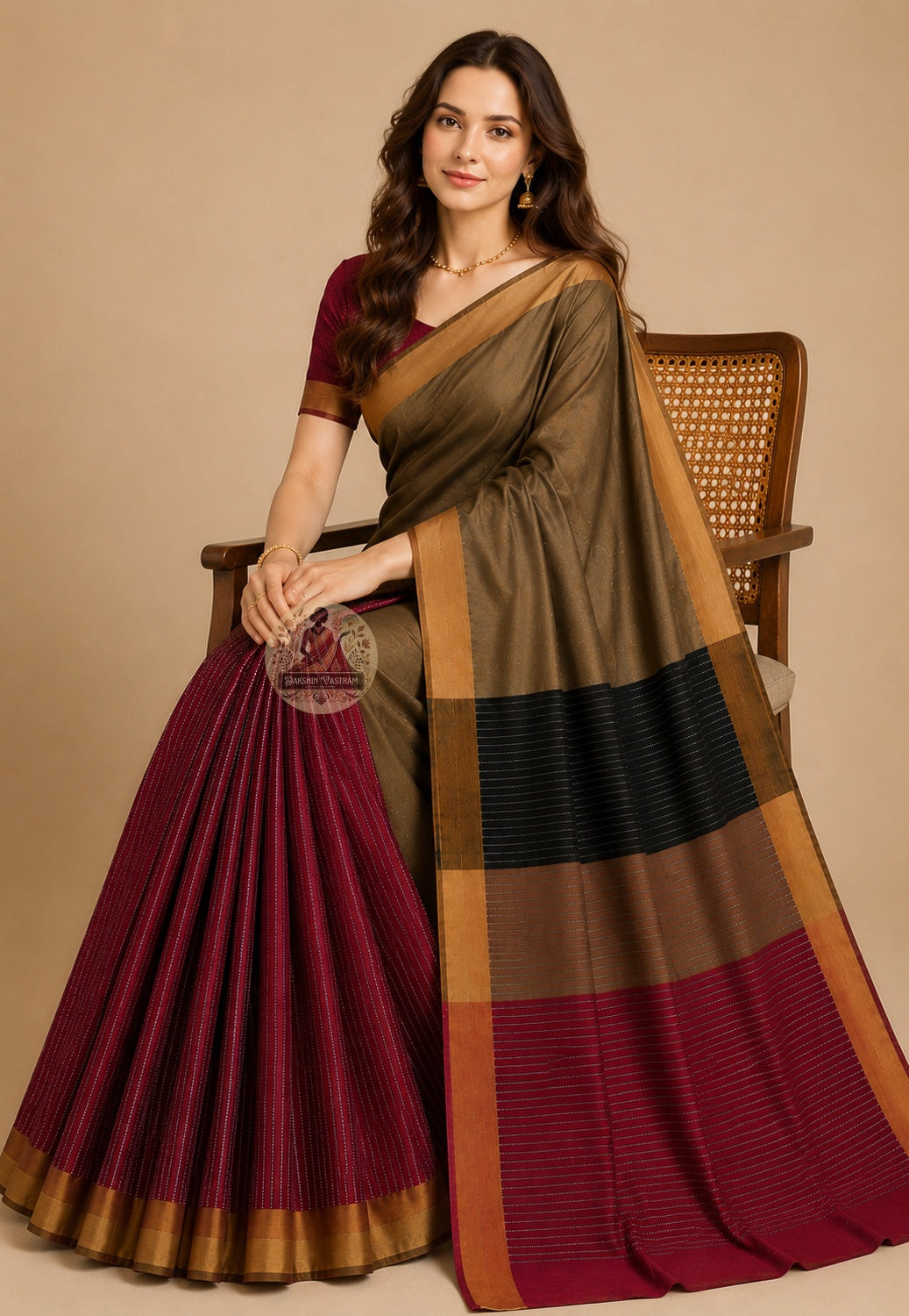 Front view of woman in handloom Bishnupur Katan silk saree, traditional Bengali drape showing quiet statement Katan silk that needs no announcement, West Bengal heritage weave