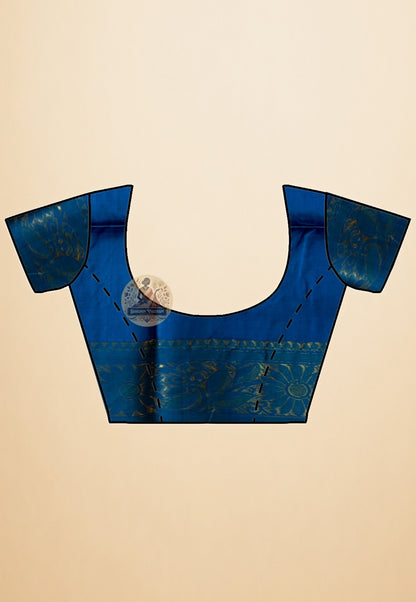 Close-up of blouse piece of Bishnupur Silk Kolakhetra Saree featuring hand-woven geometric Kolakhetra border detailing in fine pure Katan silk from Bishnupur Bengal by Dakshin Vastram