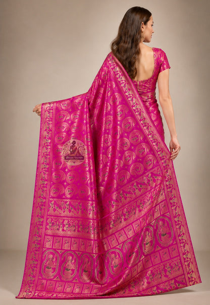 Front view of woman wearing Swarnachari Silk Saree with saffron silk blouse Durga Puja Nabami gala pandal Kolkata 2026
