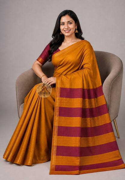 Front view of Bishnupur Pure Katan Silk saree with zari border draped in classic Nivi style