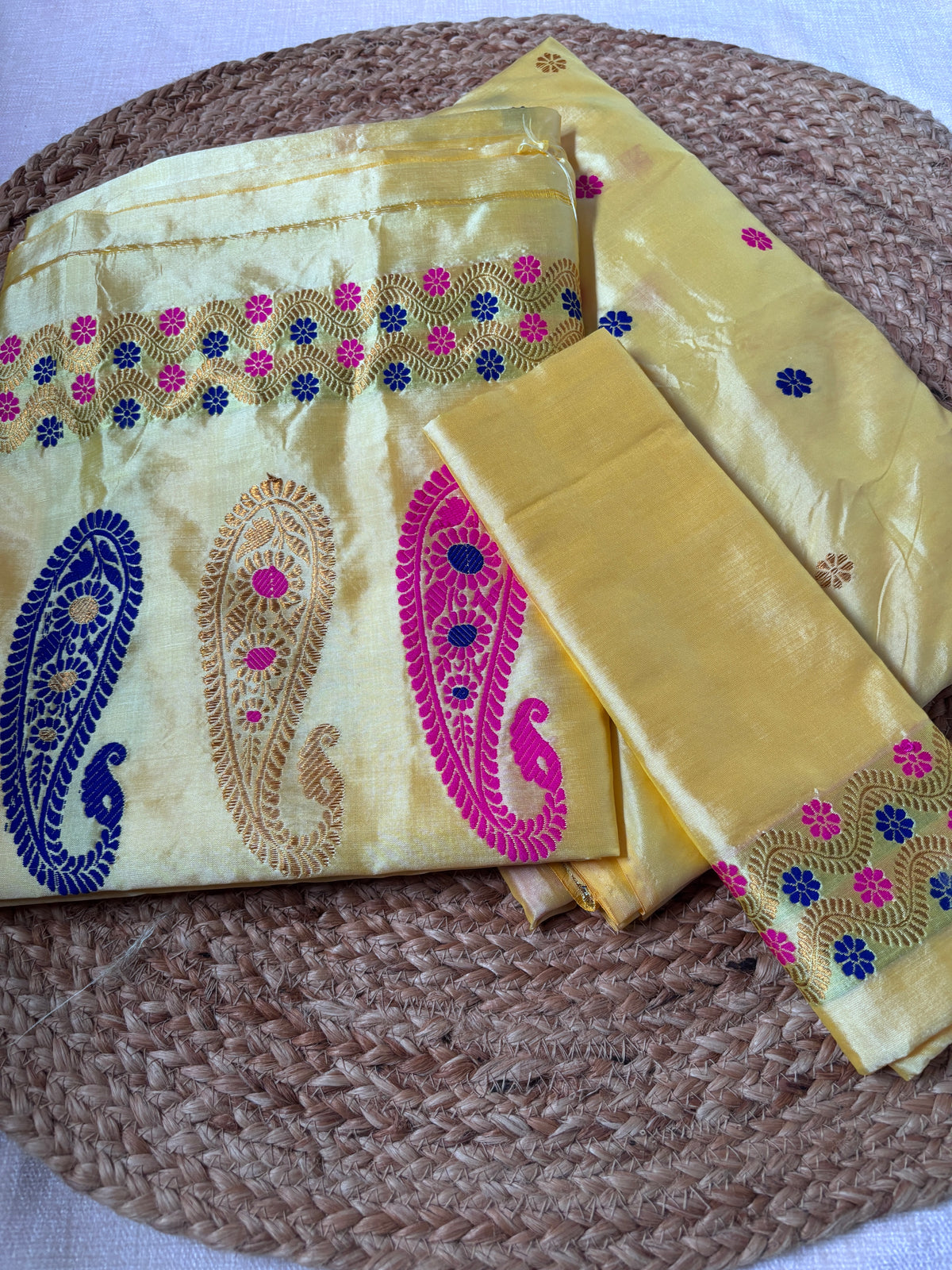Matching blouse piece included with Paat Mekhela Chador tortoise water hyacinth border matriarch namakarana gifting authentic Assam silk