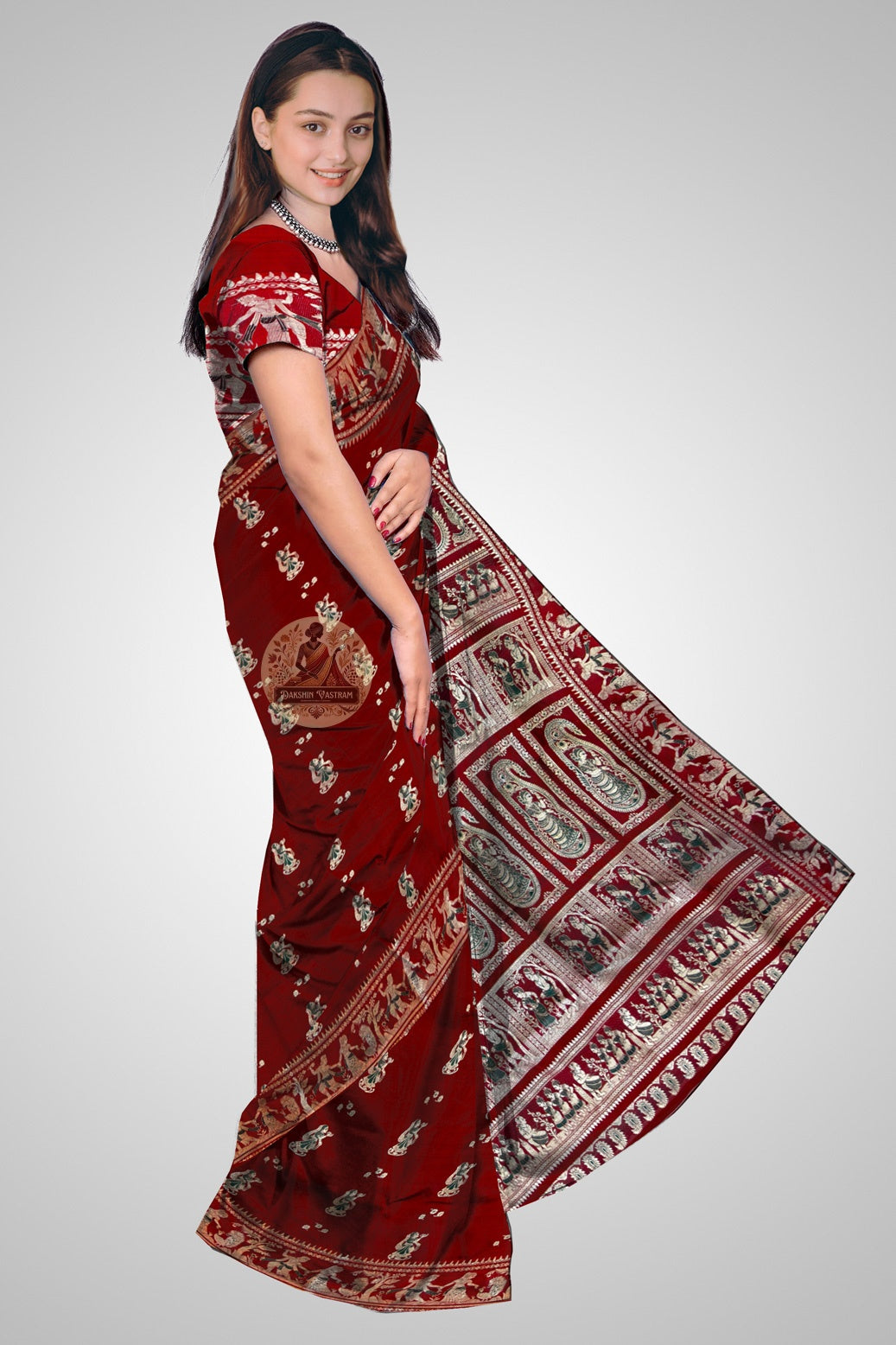 Authentic Bengal Baluchari silk saree draped in traditional style
