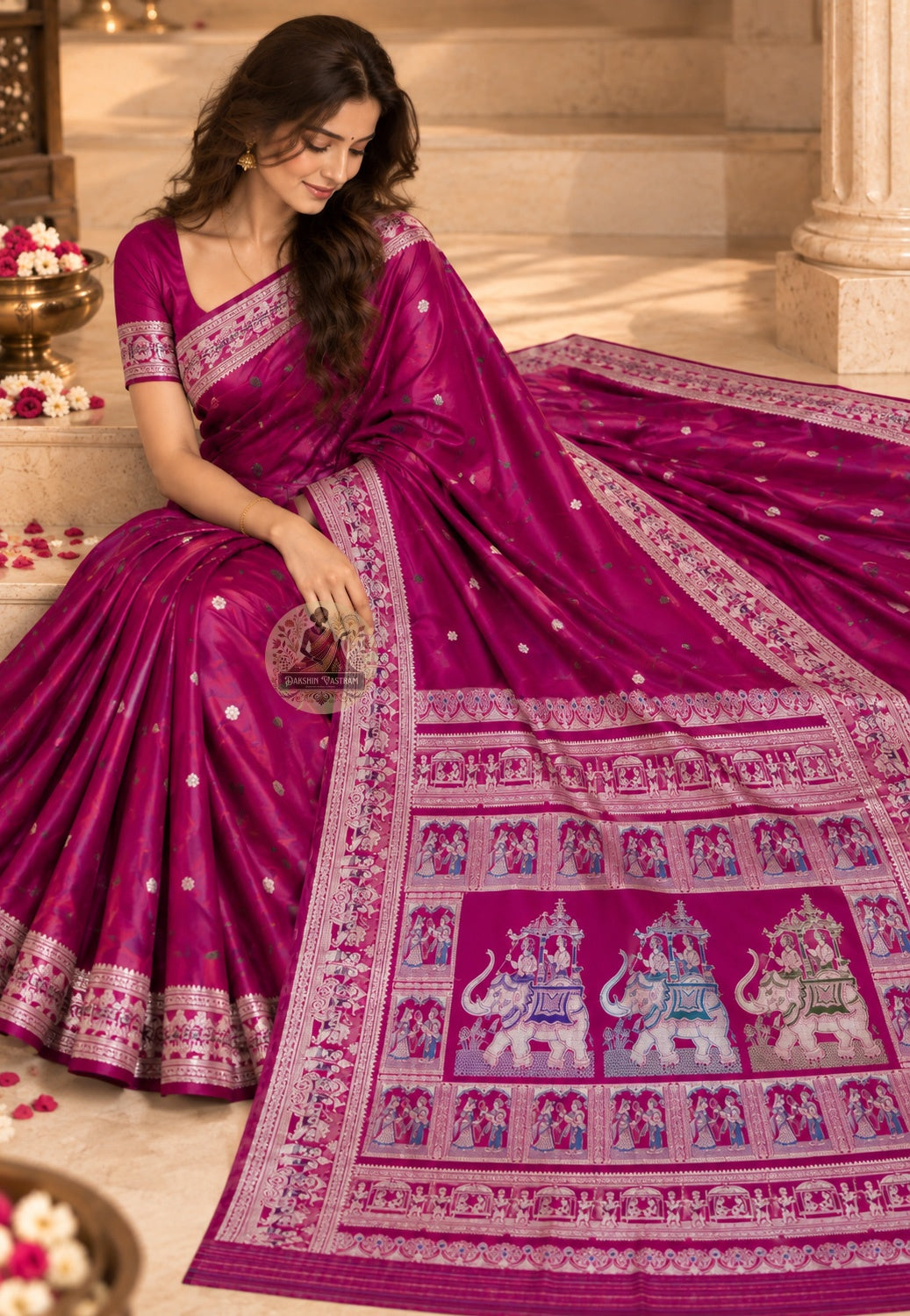 Side view of Baluchari pure silk generational saree displaying natural fluid drape and coloured silk narrative motifs for weddings Durga Puja Ashtami Diwali and occasions the family remembers