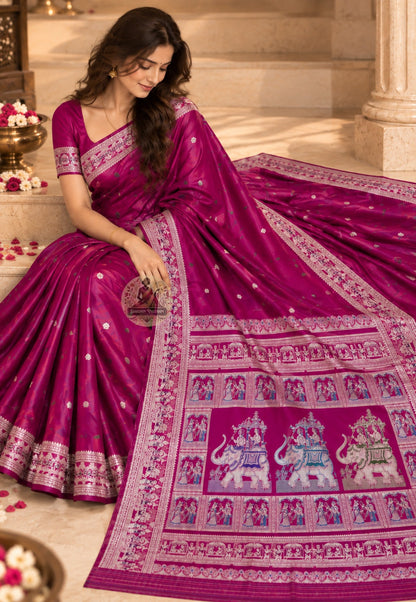 Side view of Baluchari pure silk generational saree displaying natural fluid drape and coloured silk narrative motifs for weddings Durga Puja Ashtami Diwali and occasions the family remembers