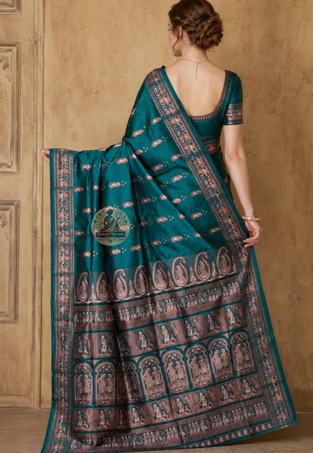 Front view of woman in Swarnachari pure silk saree, traditional Bengali drape with ornate golden zari pallu falling over shoulder