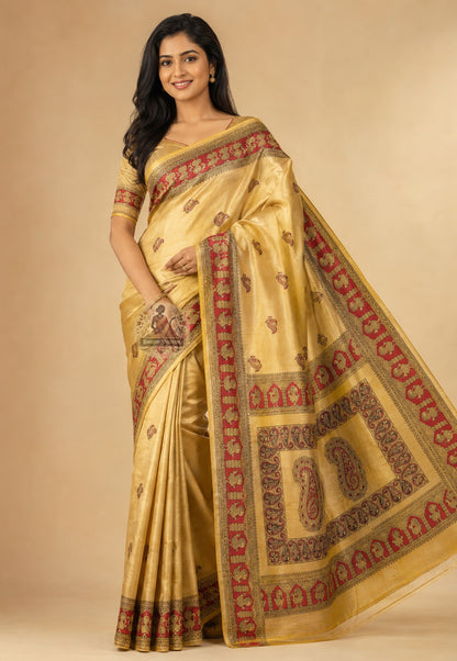 Front view of Bishnupur Katan Silk Saree with handwoven lotus pond and ripple wave motifs, West Bengal