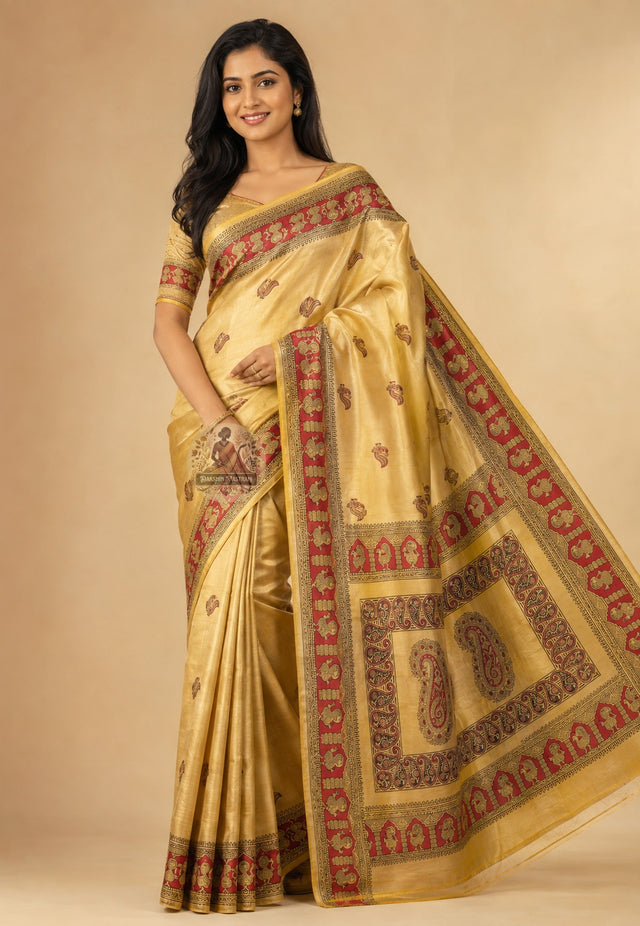 Front view of Bishnupur Katan Silk Saree with handwoven lotus pond and ripple wave motifs, West Bengal