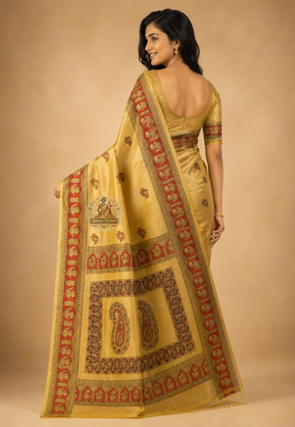 Side view of Bishnupur Pure Katan Silk Saree showing structured bridal drape and handloom zari border
