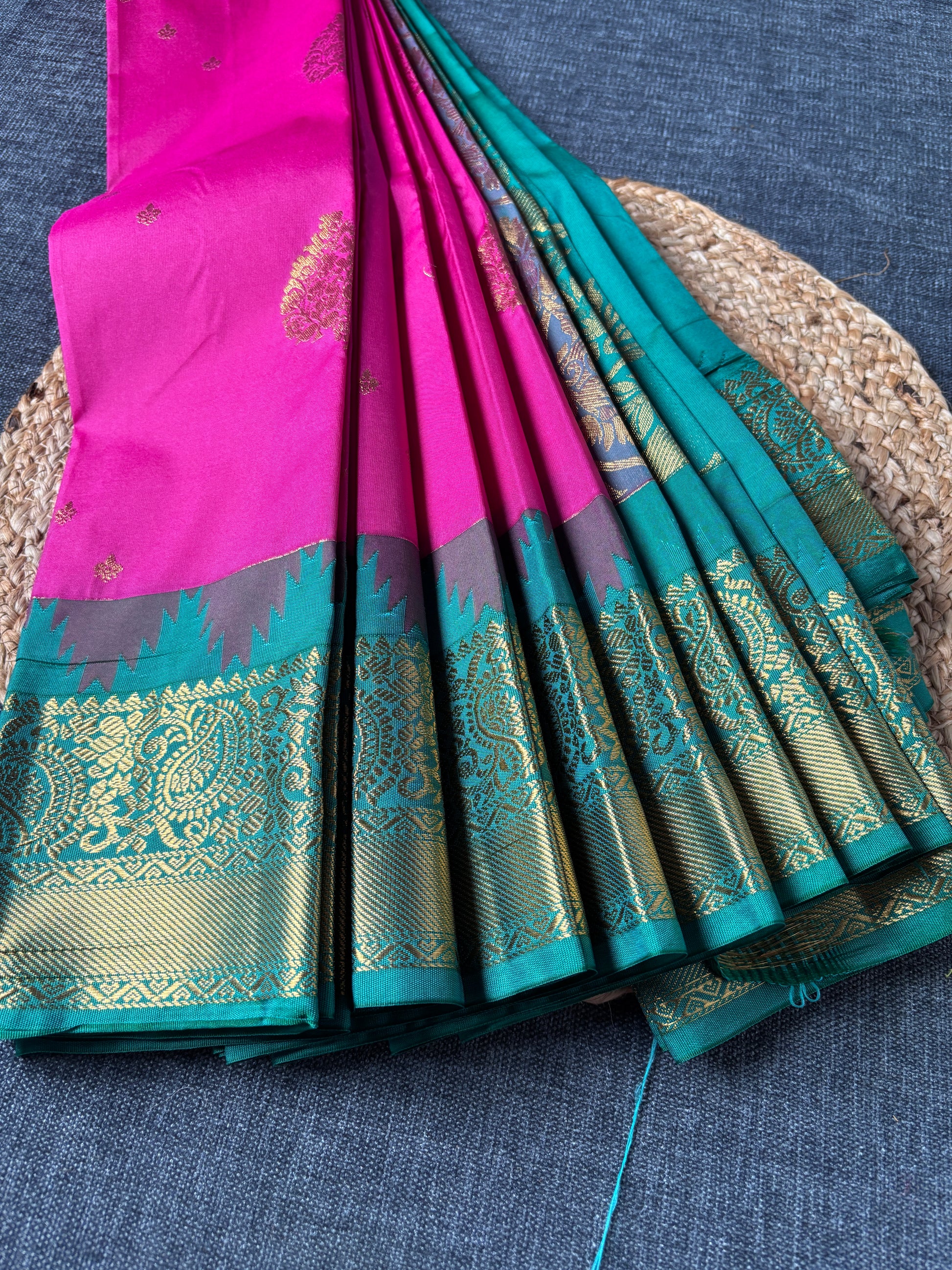 Semi Kanjivaram saree flat lay showing lightweight silk blend – regular wear Indian saree UK delivery