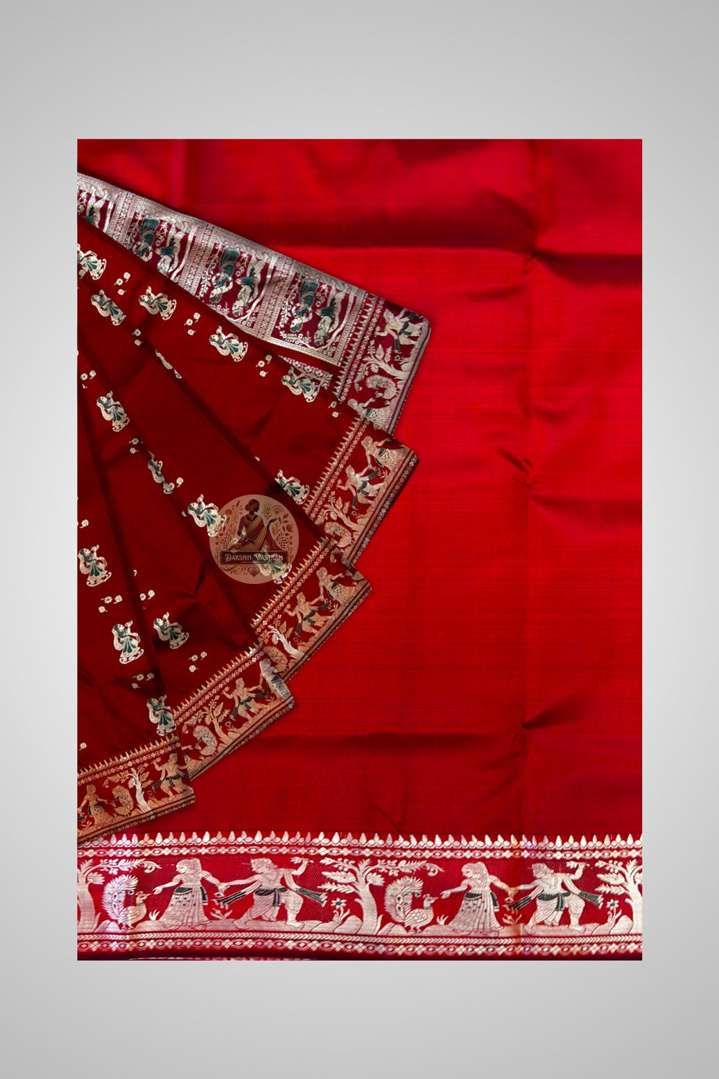 Baluchari saree pallu detail showing hand-woven narrative motifs