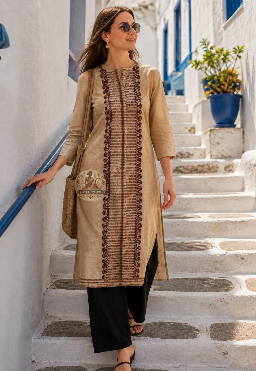 Front view of Baluchari Silk Kurti Piece with hand block print floral medallion repeat and temple arch border West Bengal