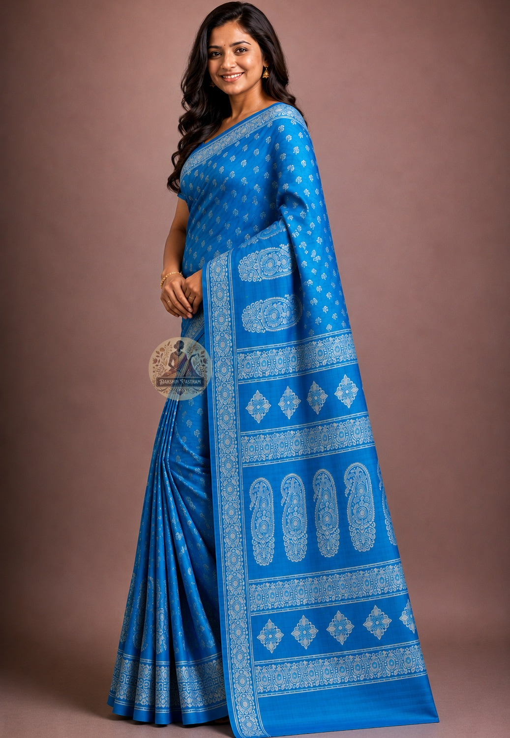 Front view of Bishnupur Katan Silk Saree with handwoven running vine lattice and sunflower buti motifs West Bengal