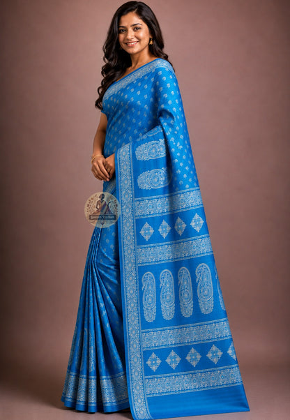 Front view of Bishnupur Katan Silk Saree with handwoven running vine lattice and sunflower buti motifs West Bengal