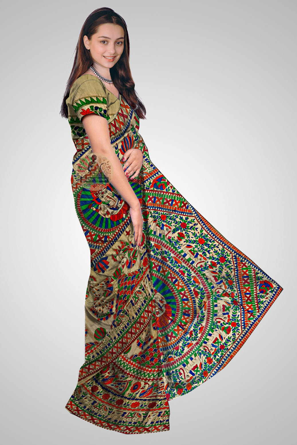 Shop Raw Silk Tussar Saree – Side profile with flowing pleats