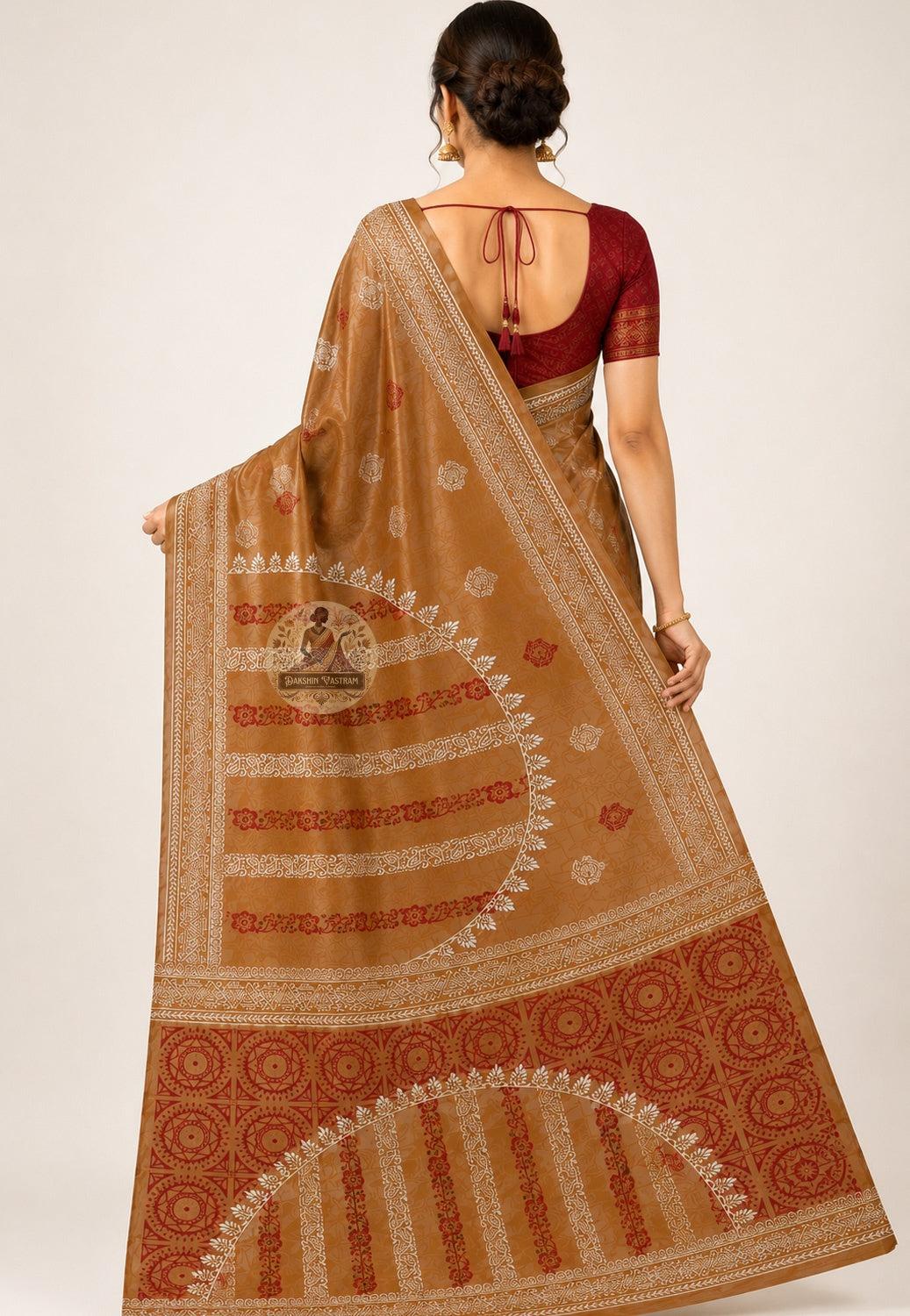 Rear view of Bishnupur pure Katan silk saree displaying handwoven pallu with traditional Bengal temple motifs