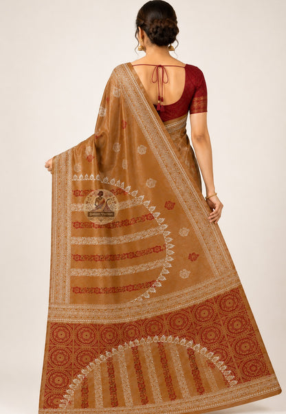 Rear view of Bishnupur pure Katan silk saree displaying handwoven pallu with traditional Bengal temple motifs