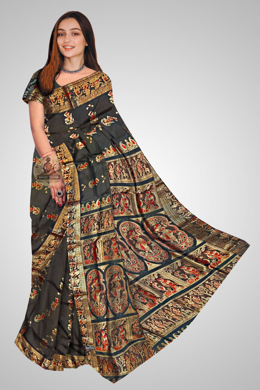 Buy Swarnachari Saree online – Front view of traditional Bengal silk saree