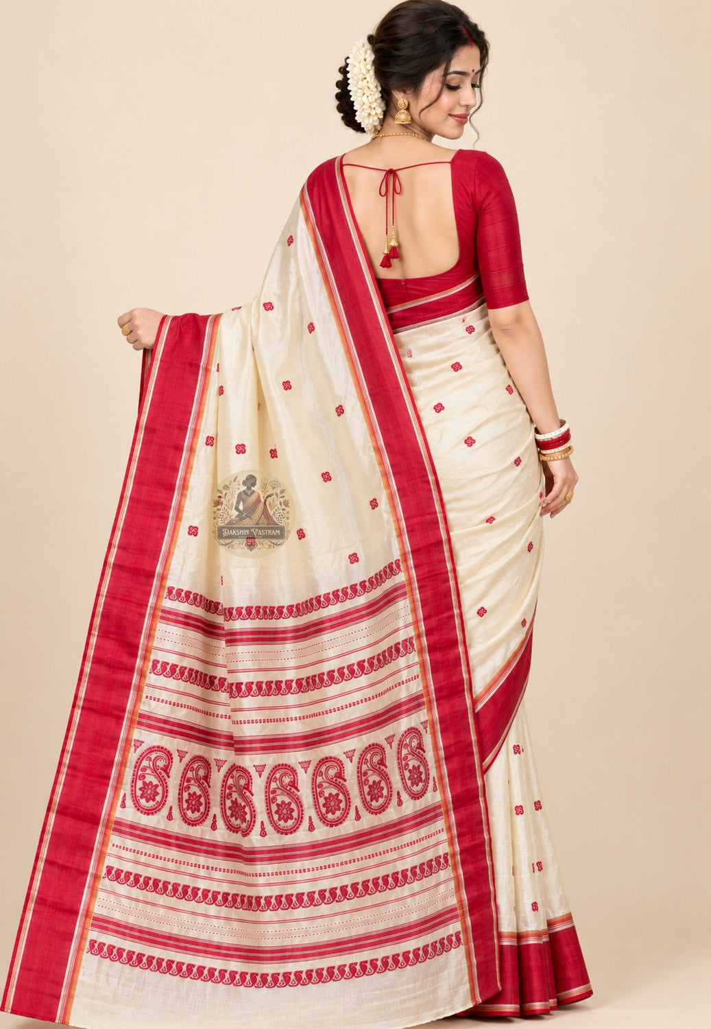 Side view of Bishnupur Garad pure mulberry silk saree displaying natural ivory tone and clean drape of undyed handloom silk fabric