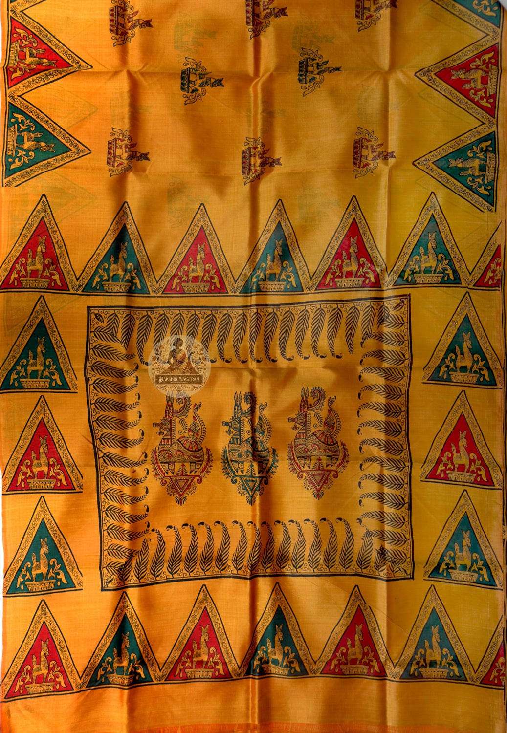 Side view of Bishnupur Pure Katan Silk Saree showing formal reception drape and ogee arch handloom border