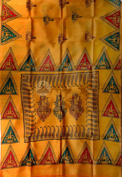 Side view of Bishnupur Pure Katan Silk Saree showing formal reception drape and ogee arch handloom border