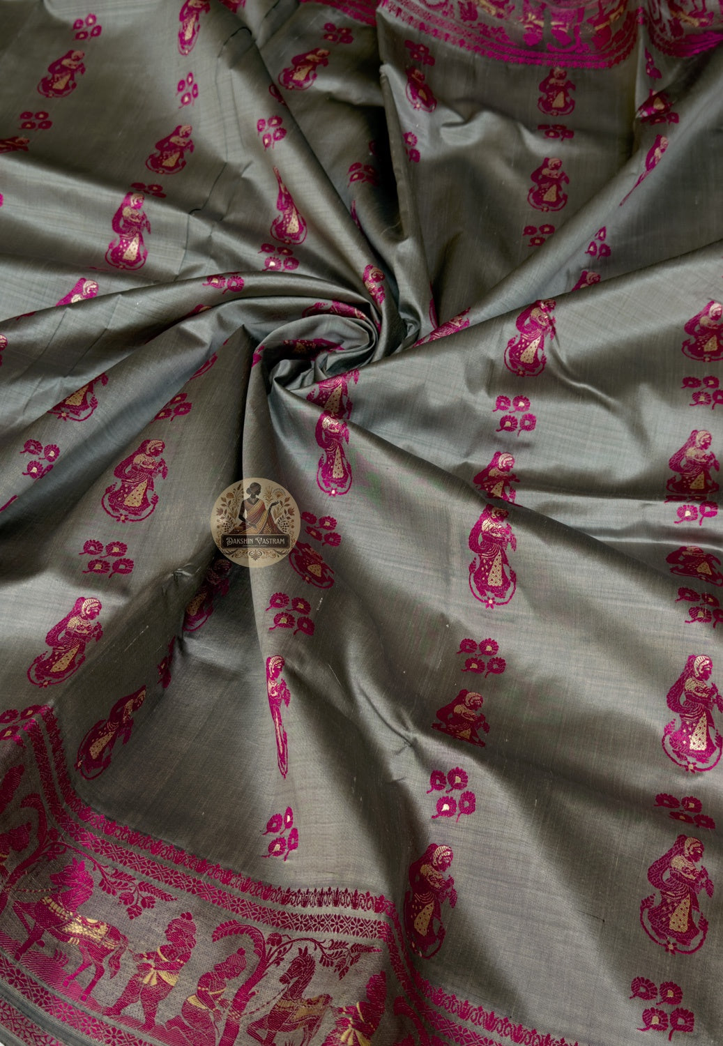 Rear view of Baluchari Silk Saree displaying pallu with Mahabharata and royal court scenes hand-woven in silk