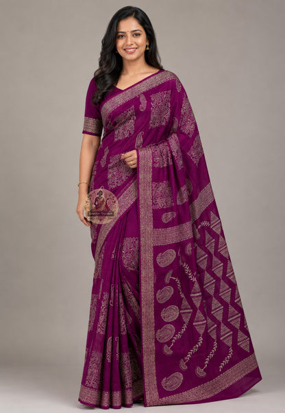 Side view of handloom Bishnupur Katan Silk Saree showing the fluid drape and natural weight of pure silk, with finely woven border detail by Bishnupur master weavers