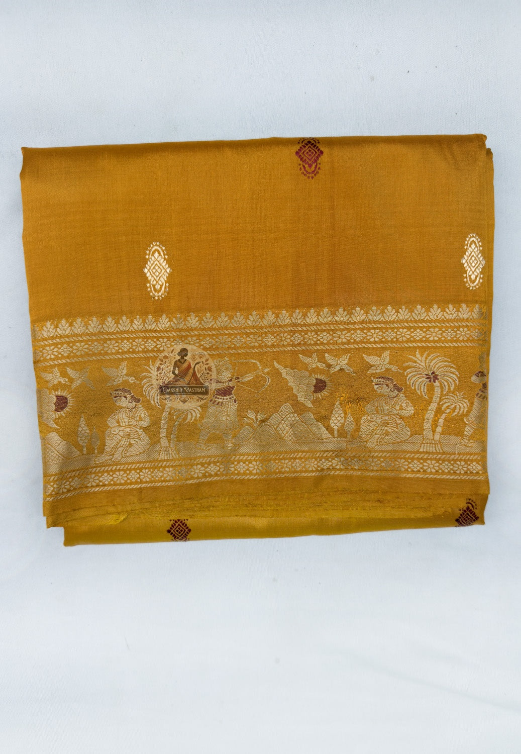 Close up of the Swarnachari pallu featuring rows of figures, framed panels and animal motifs