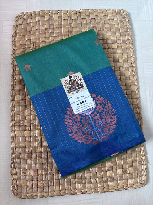 Buy Semi Silk Saree online – Green & Blue Semi Silk Saree front view