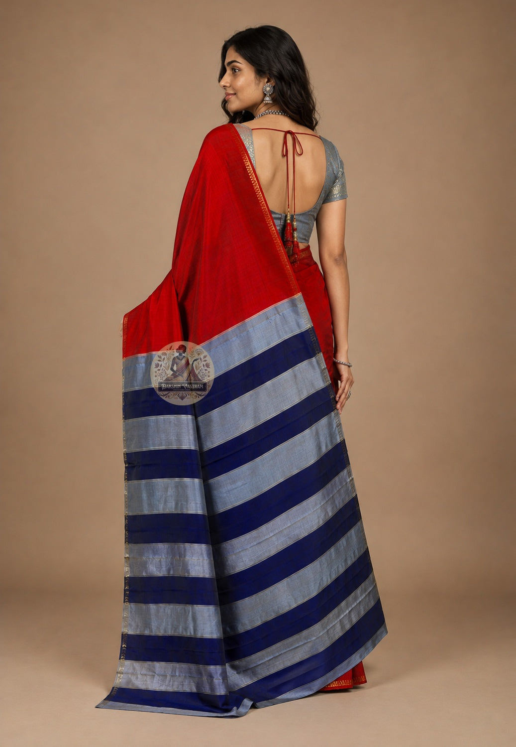 Side view of Bishnupur Pure Katan Silk Saree showing formal reception drape and honeycomb handloom border