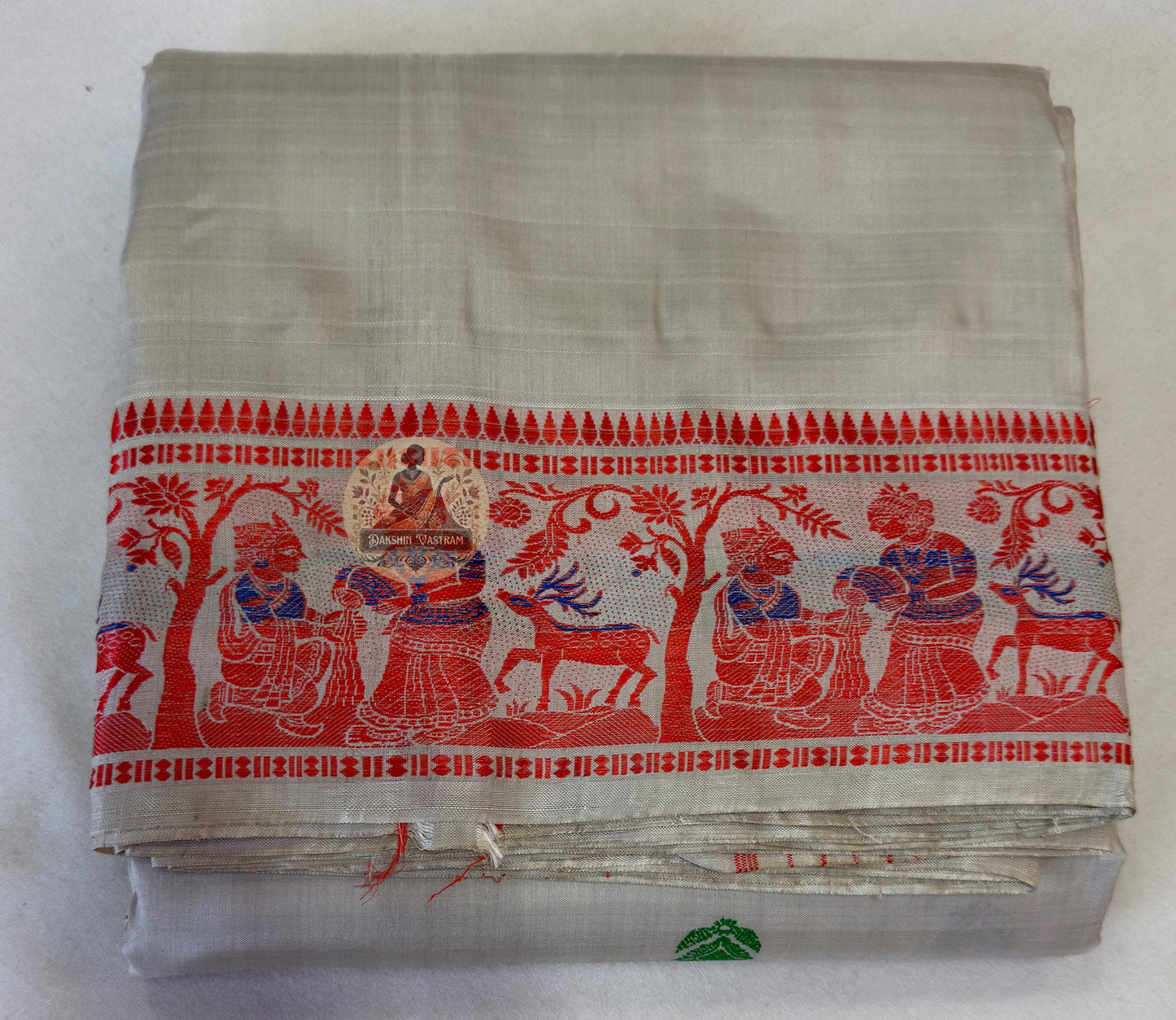 Full view of premium Baluchari Silk Saree by Dakshin Vastram, where every thread carries a legend, handwoven in Bishnupur Bengal for weddings, Durga Puja and cultural celebrations across UK, USA, EU and India