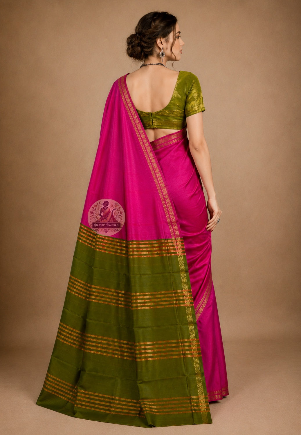 Side view of Bishnupur Pure Katan Silk Saree showing structured pleat drape and sun wheel handloom border