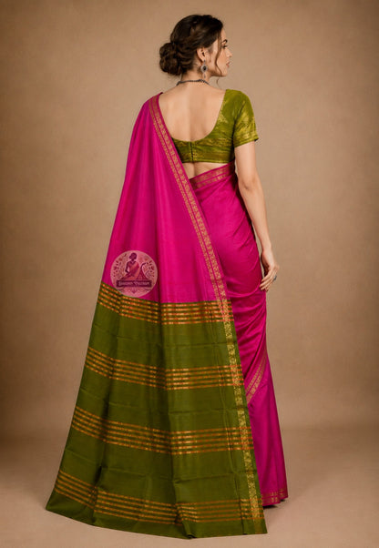 Side view of Bishnupur Pure Katan Silk Saree showing structured pleat drape and sun wheel handloom border
