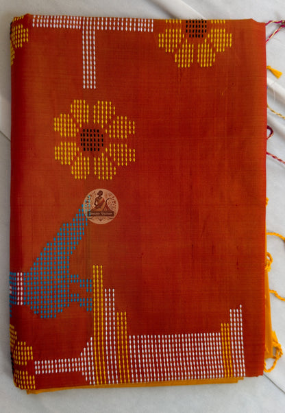 Full flat-lay of Bishnupur Pure Katan Silk Saree with matching blouse piece, handloom collector weave Bengal