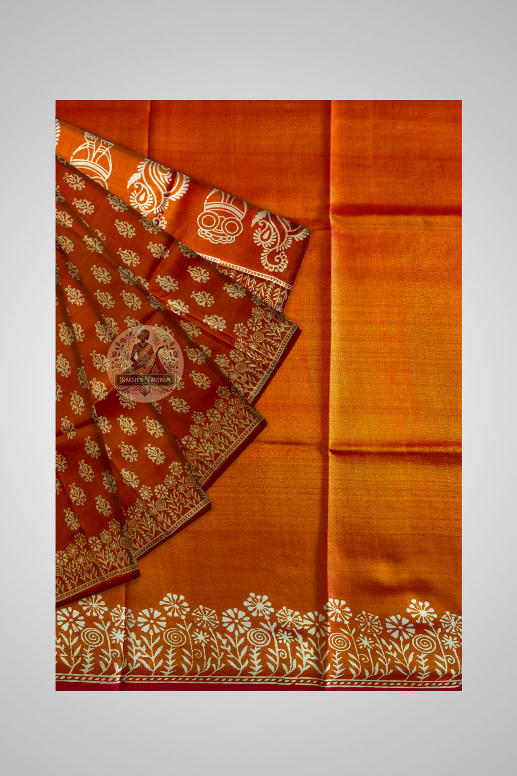 Detail of Bishnupur block print saree border – Bengal terracotta temple-inspired motifs on lustrous pure silk fabric