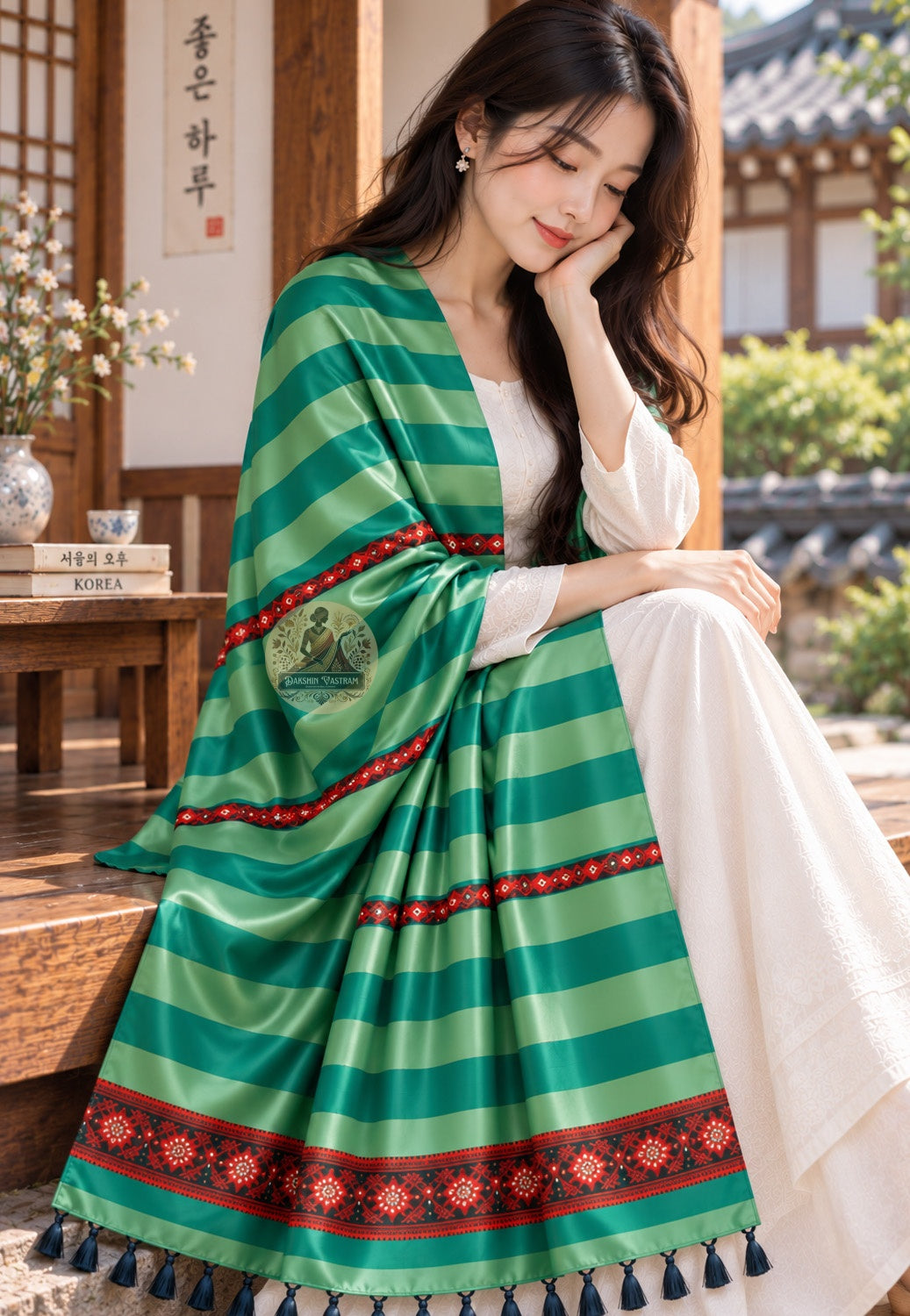 Front view of Bishnupur Baluchari pure silk heirloom stole with mythological narrative motifs, handwoven legacy piece by artisan weavers in West Bengal
