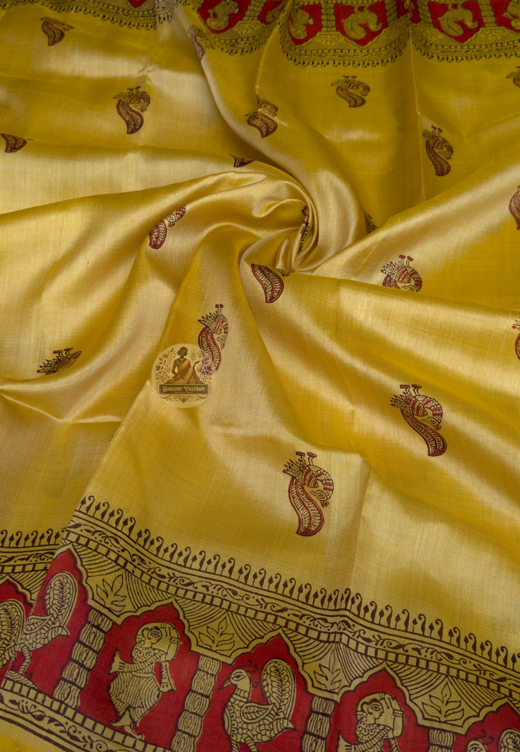 Close-up of pallu on Bishnupur Katan Silk Saree with ripple wave and lotus pond Bengal handwoven detail